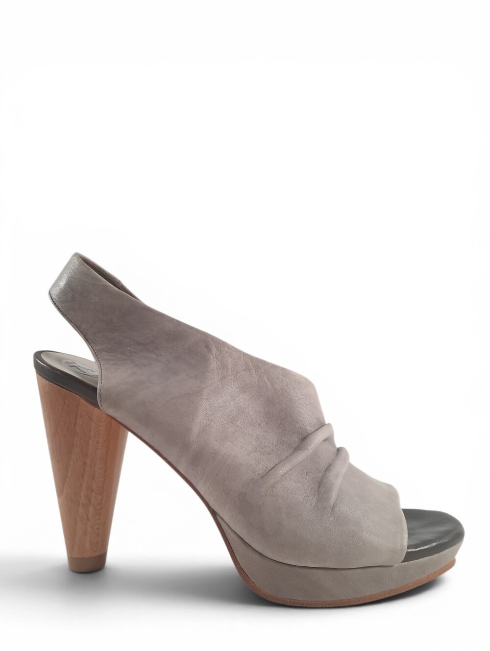 COCLICO Ruched Sandals Leather Platform Wood Heel Gray Open Toe Slingback 7.5